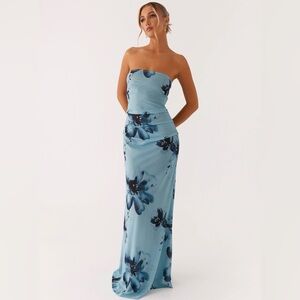 New Peppermayo Strapless Maxi Dress in Blue with Floral Pattern